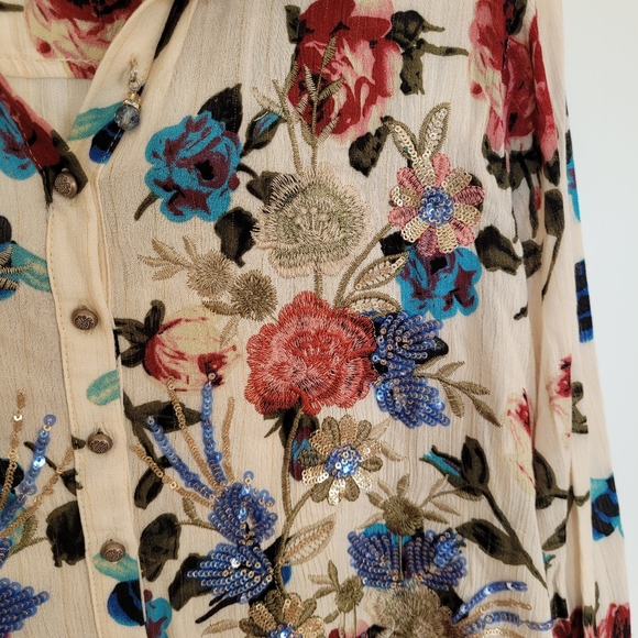 ARATTA Silent Journey Velvet Cream Floral Top Embroidered Sequines Boho Country - Picture 10 of 15